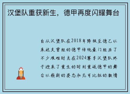 汉堡队重获新生，德甲再度闪耀舞台
